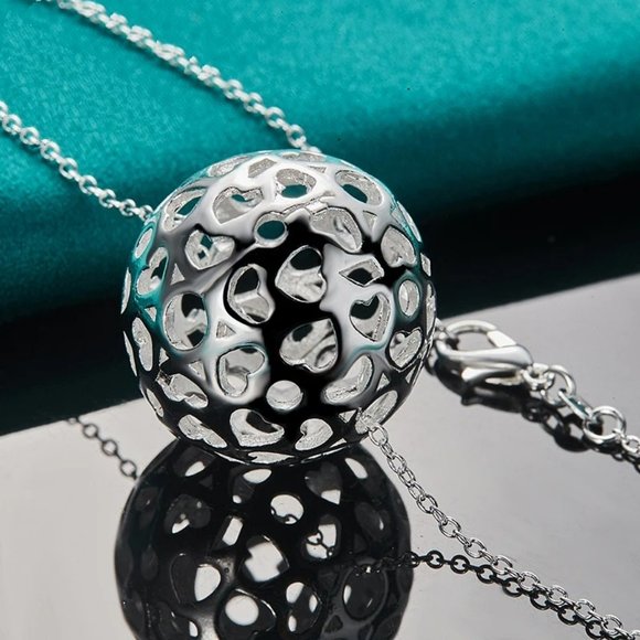 Hollow Heart Ball Sphere Pendant Silver Necklace & 18" Chain - Picture 2 of 9